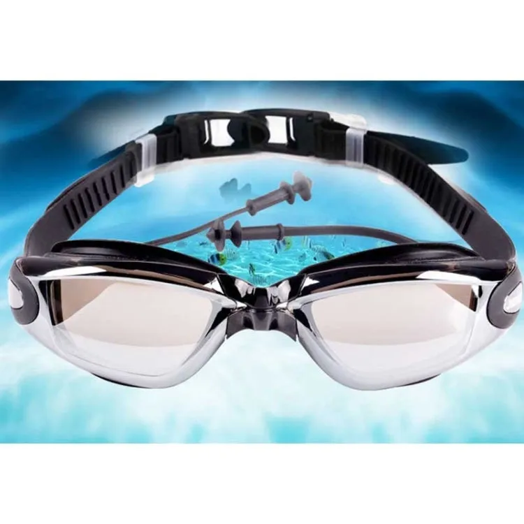 Electroplating Anti-fog Silicone Swimming Goggles with One-piece Ear Plugs for Adults(Black)