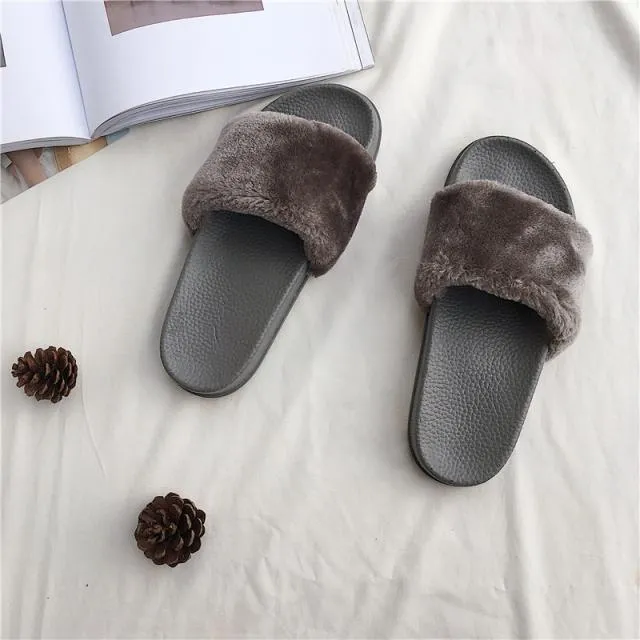 Faux Fluffy Fur Rubber Pink Gray Black Flat Open Sandals