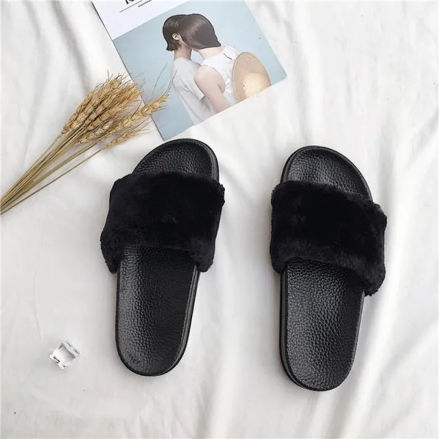 Faux Fluffy Fur Rubber Pink Gray Black Flat Open Sandals