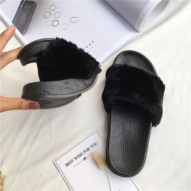 Faux Fluffy Fur Rubber Pink Gray Black Flat Open Sandals