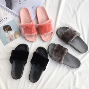 Faux Fluffy Fur Rubber Pink Gray Black Flat Open Sandals