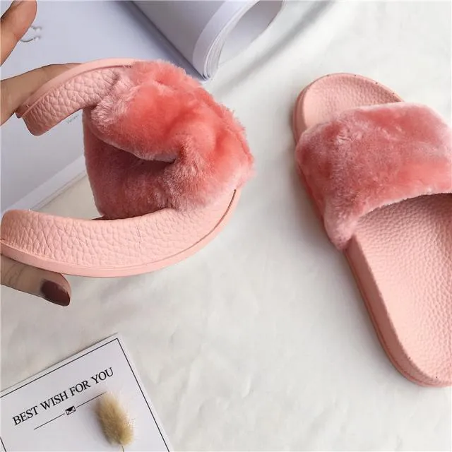 Faux Fluffy Fur Rubber Pink Gray Black Flat Open Sandals