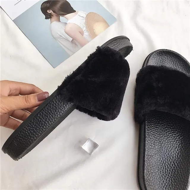 Faux Fluffy Fur Rubber Pink Gray Black Flat Open Sandals