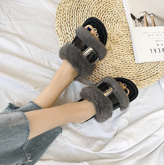 Faux Fur Fluffy Flat Sandals Glossy Line Buckle