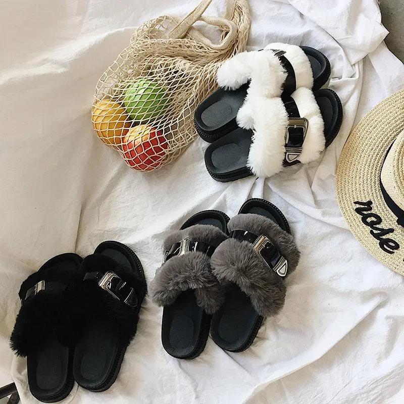 Faux Fur Fluffy Flat Sandals Glossy Line Buckle