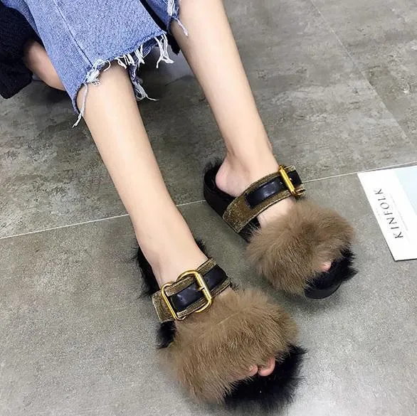 Fluffy Faux Fur Insole Front Buckle Open Toe Sandals