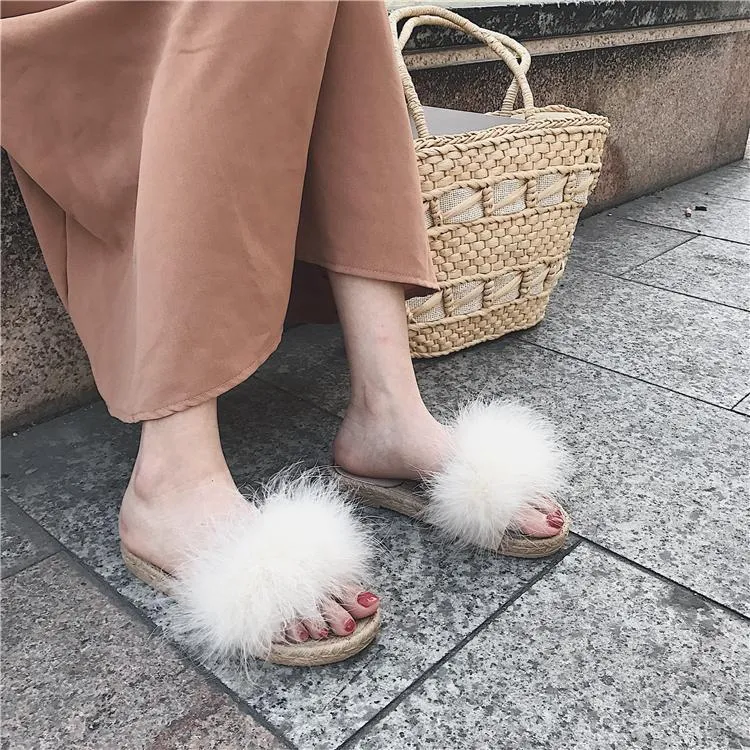 Fluffy Faux Fur Wicker Black White Pink Sandals