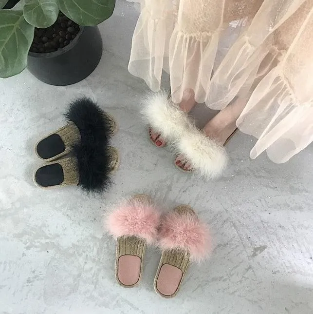 Fluffy Faux Fur Wicker Black White Pink Sandals