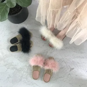 Fluffy Faux Fur Wicker Black White Pink Sandals