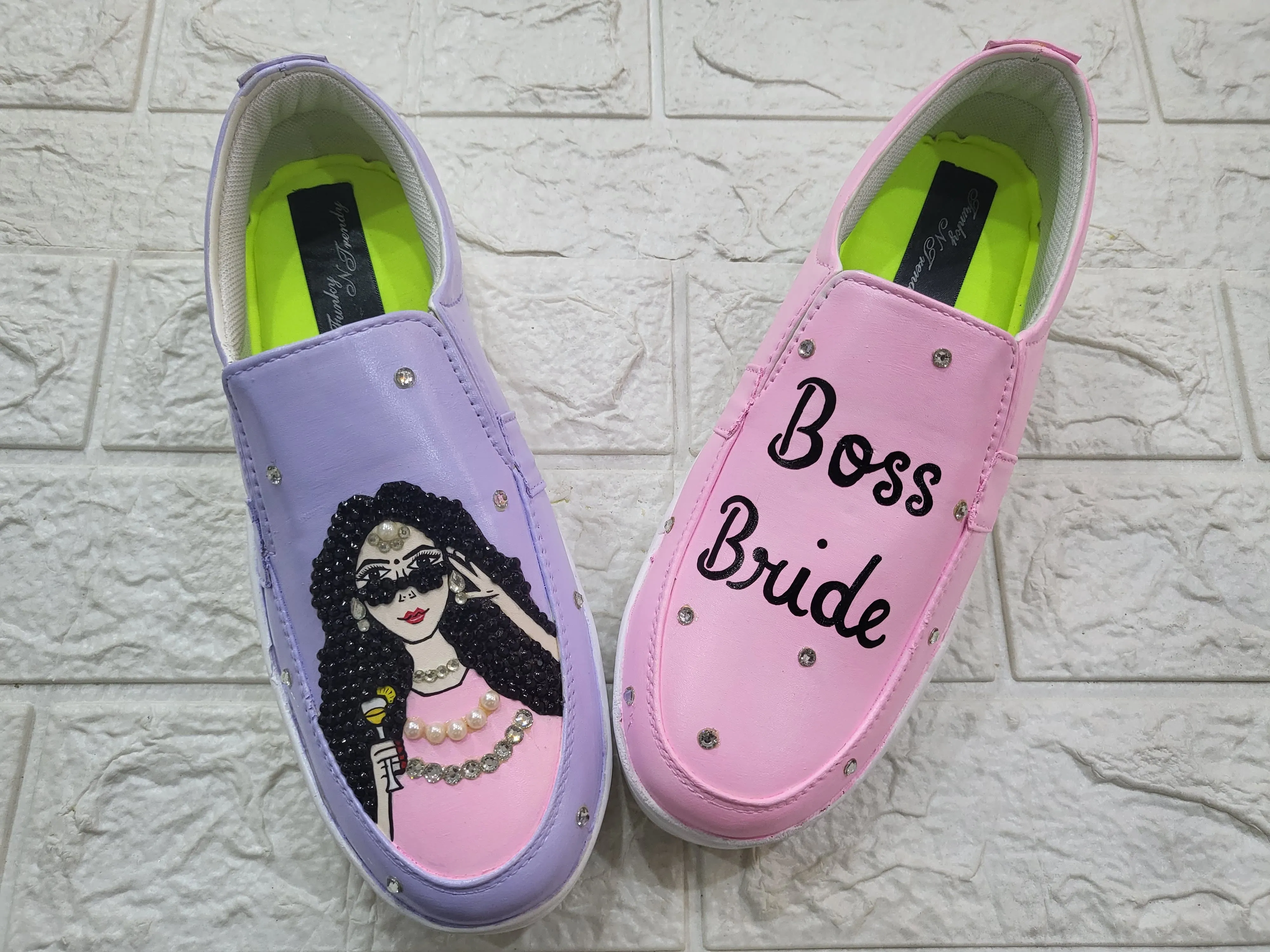 Funky N Trendy hand painted water resistant Boss Bride wedding theme shoes for bride/ rhinestone shoes / fully shoes / haldi mahendi shoes / loafer shoes