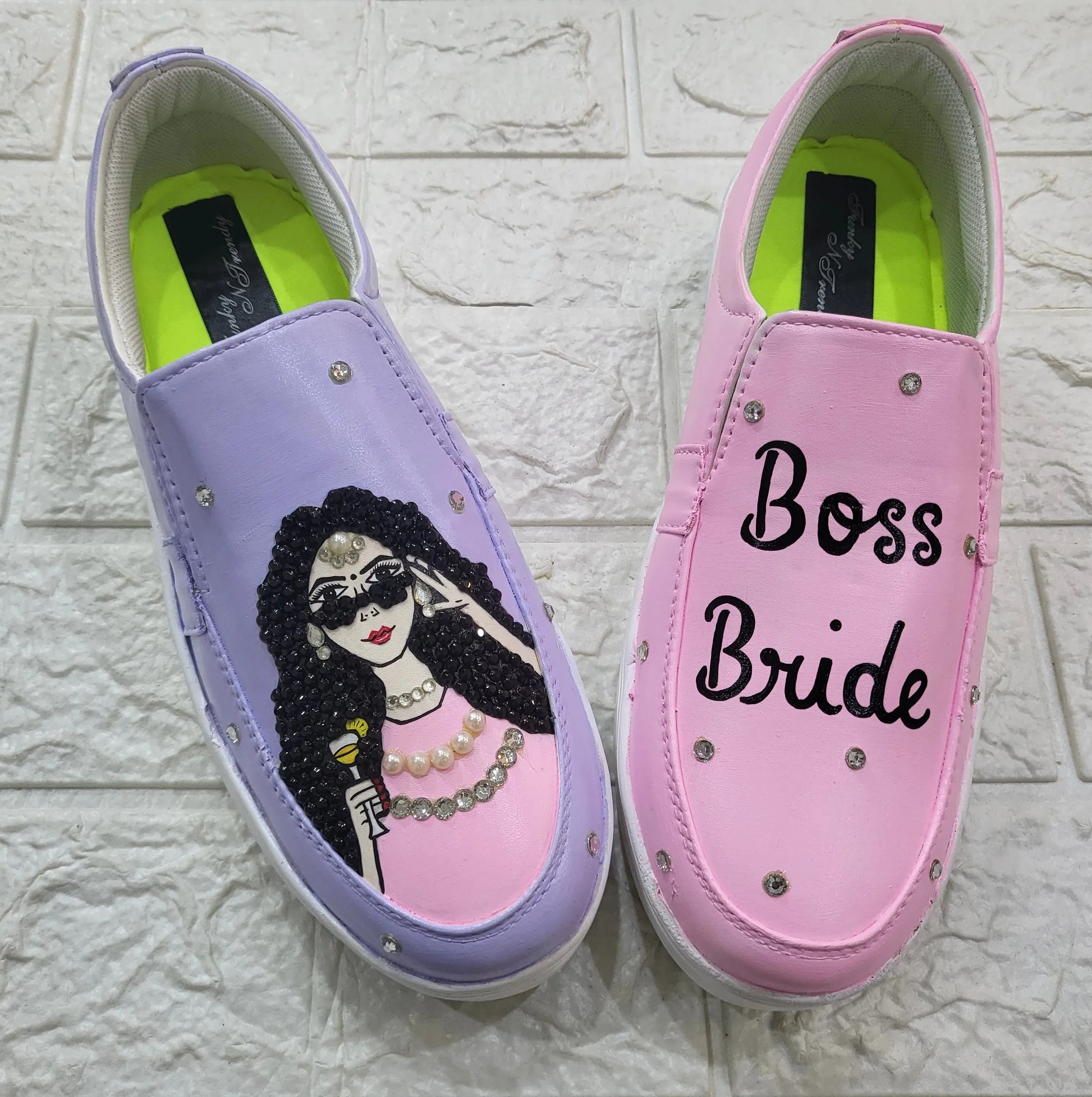 Funky N Trendy hand painted water resistant Boss Bride wedding theme shoes for bride/ rhinestone shoes / fully shoes / haldi mahendi shoes / loafer shoes