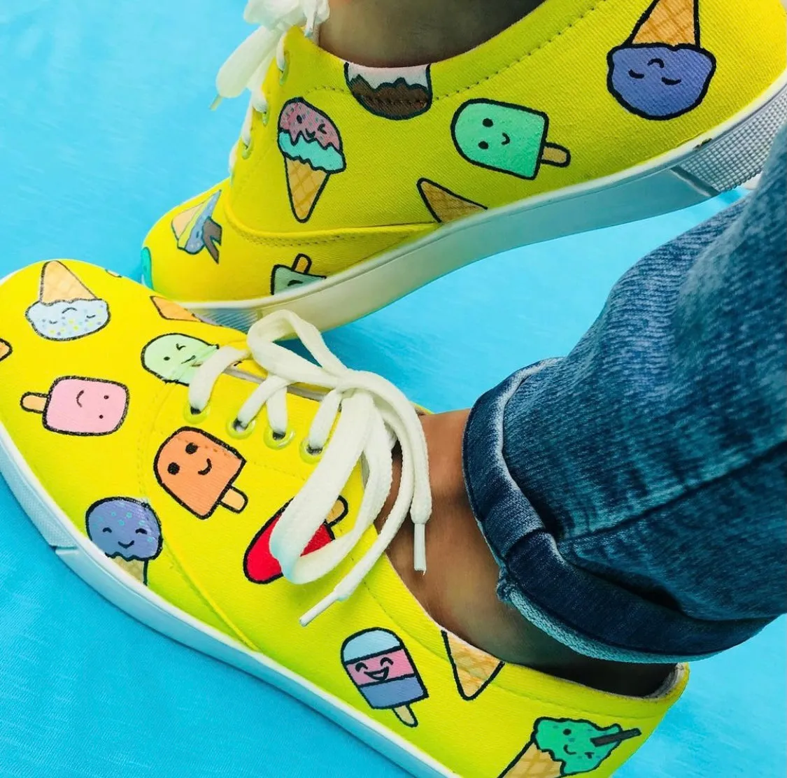 Funky N Trendy hand painted water resistant Ice cream theme yellow shoes