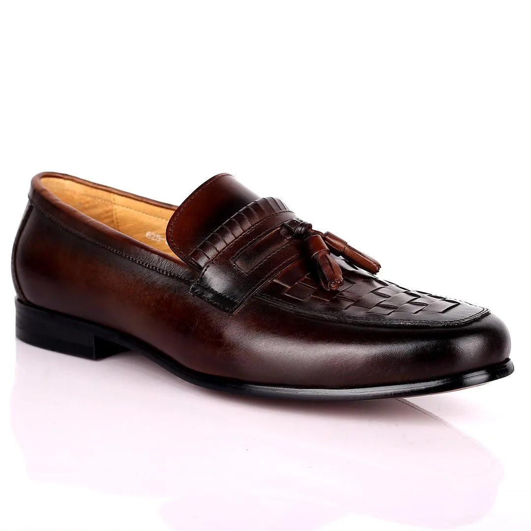 Gian Elegant Checkers And Fringe Designed Loafers Shoe - Coffee