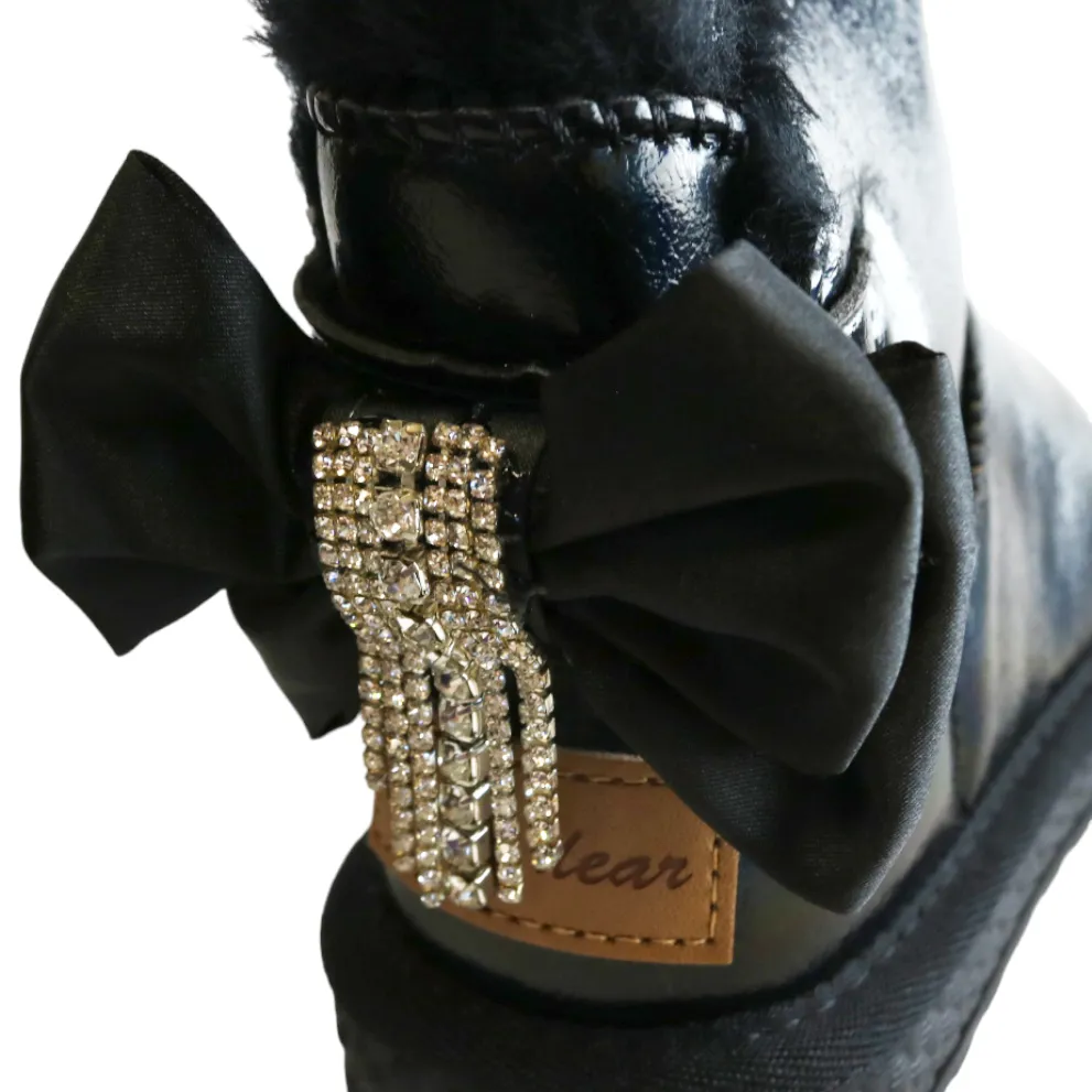 Handcrafted Rhinestone Chain Bowtie Metallic Boot - Black