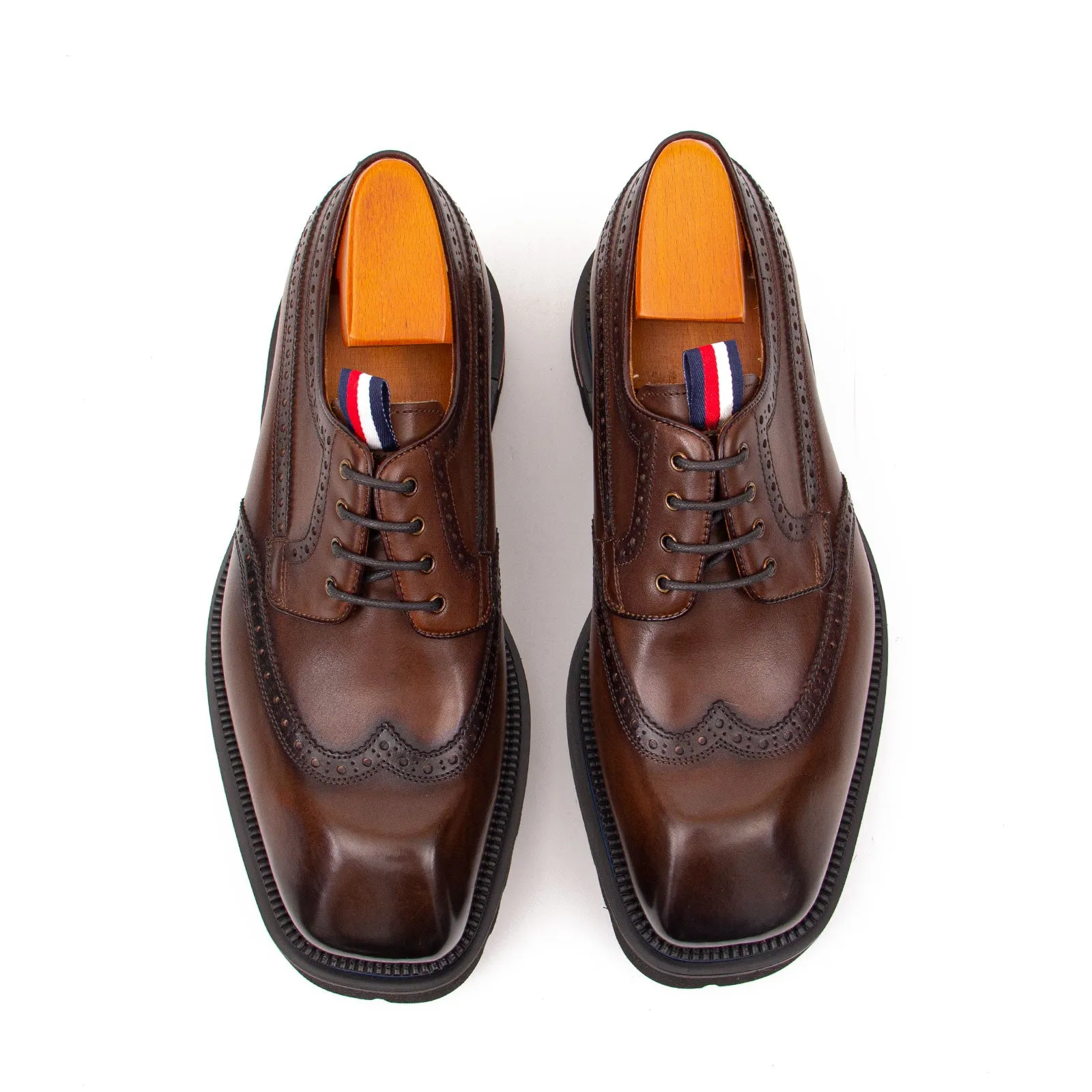 Handcrafted Square Toe Brogue Shoes with Thick Sole Coffee