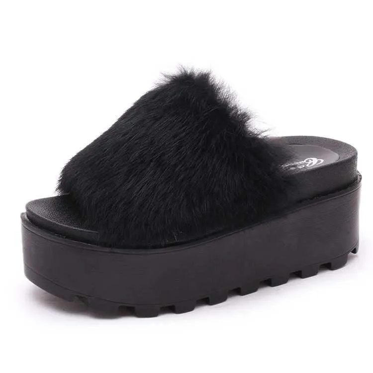 High Platform Fluffy Faux Fur Open Sandals