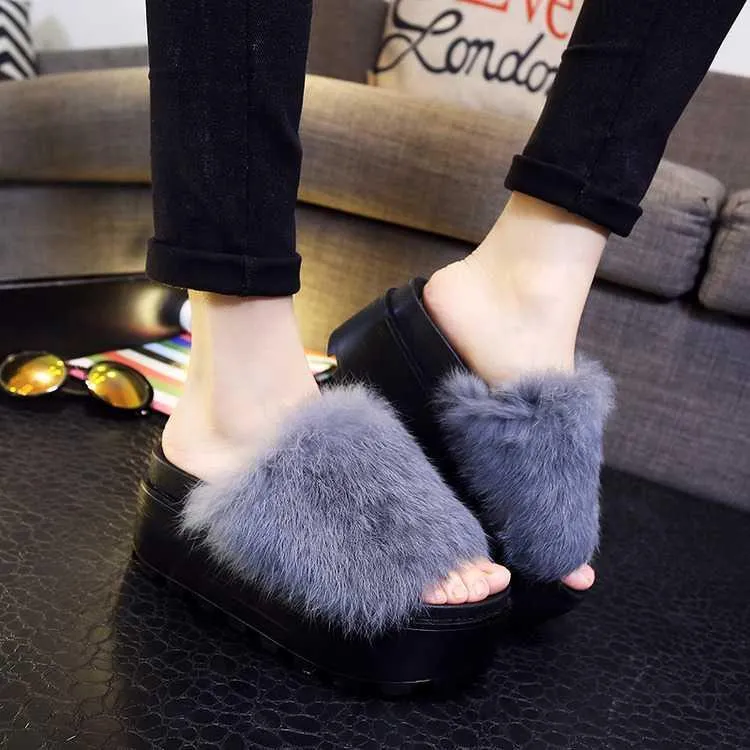 High Platform Fluffy Faux Fur Open Sandals