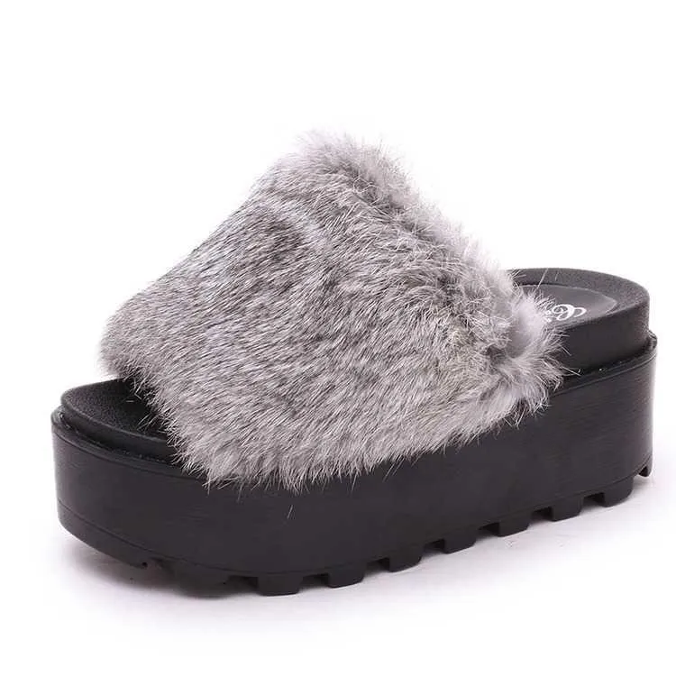 High Platform Fluffy Faux Fur Open Sandals