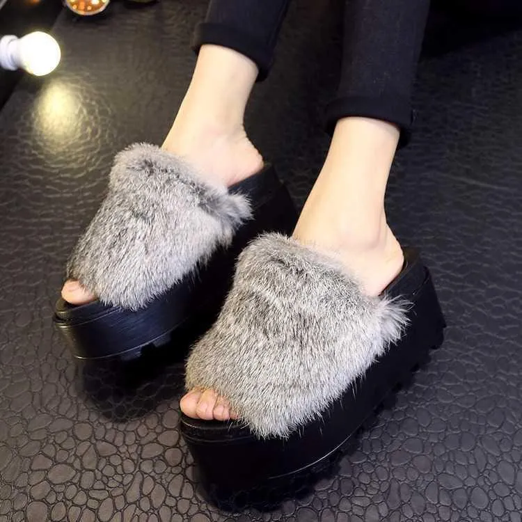 High Platform Fluffy Faux Fur Open Sandals