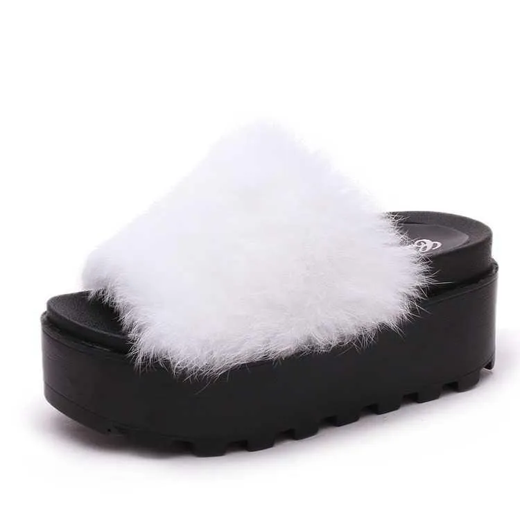 High Platform Fluffy Faux Fur Open Sandals