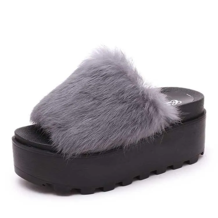 High Platform Fluffy Faux Fur Open Sandals