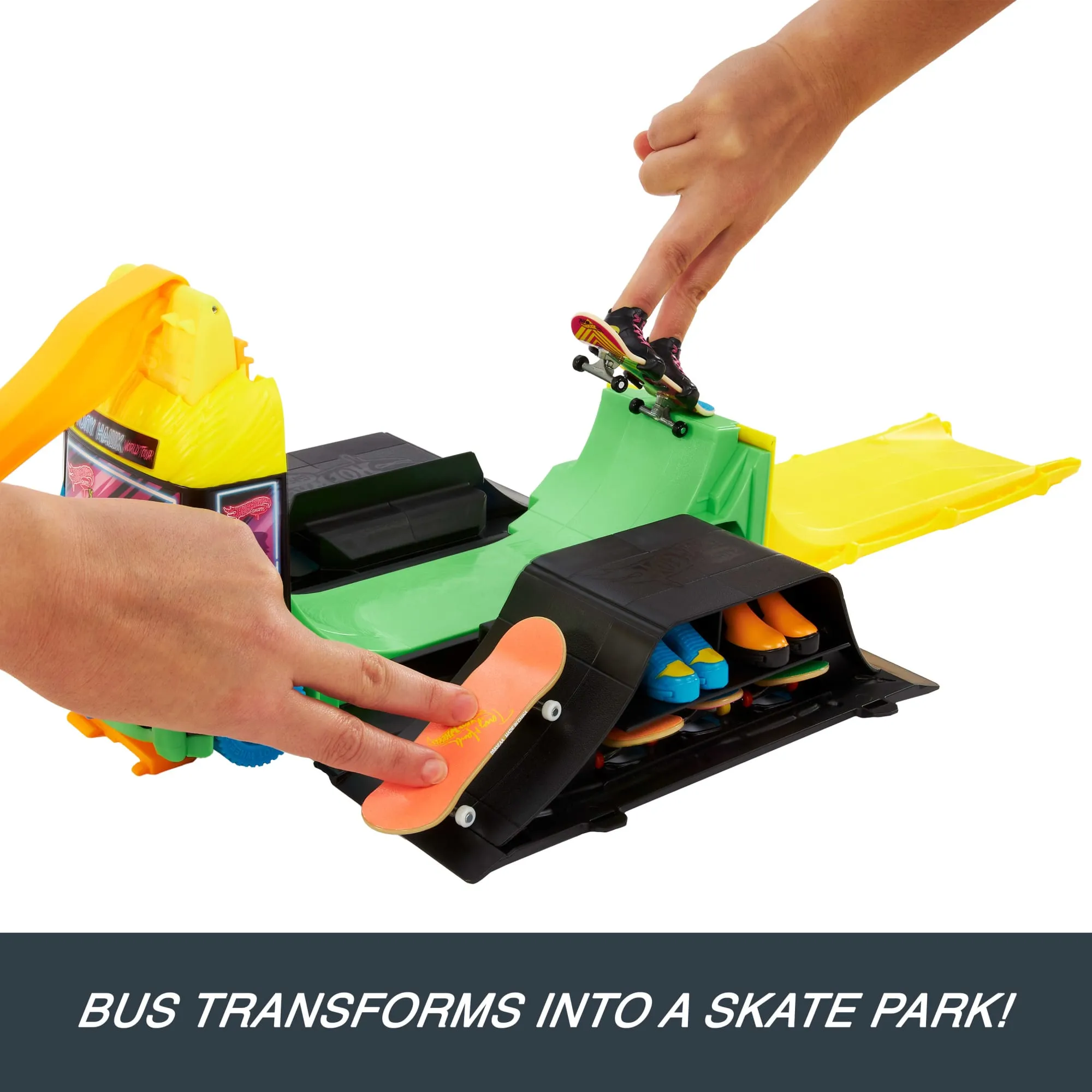 Hot Wheels Skate Tony Hawk Transforming Skate Bus With 1 Exclusive Finger Skateboard & 1 Pair Of Removable Skate Shoes