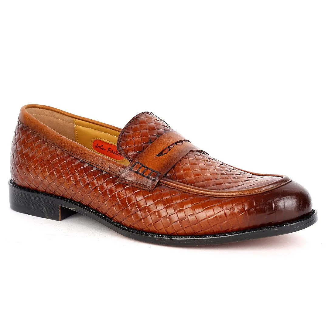 John Foster Exquisite Woven Leather Shoe with Belt Design-Brown