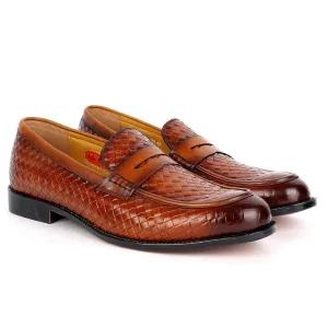 John Foster Exquisite Woven Leather Shoe with Belt Design-Brown