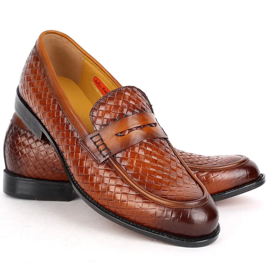 John Foster Exquisite Woven Leather Shoe with Belt Design-Brown