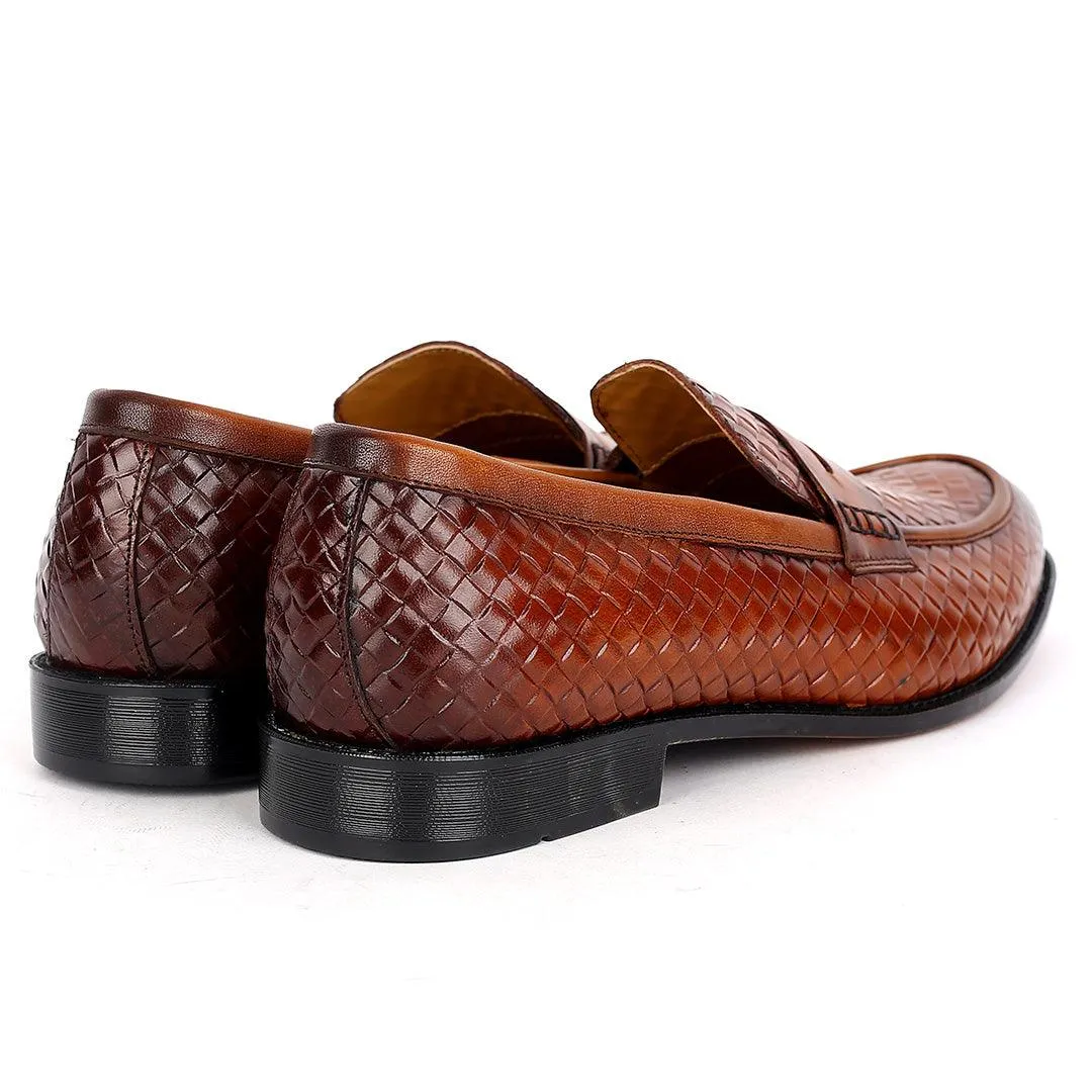 John Foster Exquisite Woven Leather Shoe with Belt Design-Brown