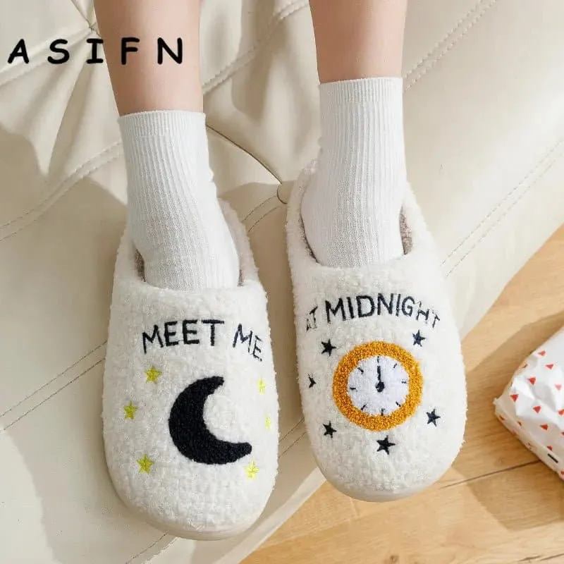 Meet Me At Midnight Winter Slippers - Home Cotton Shoes, Low Heel Height