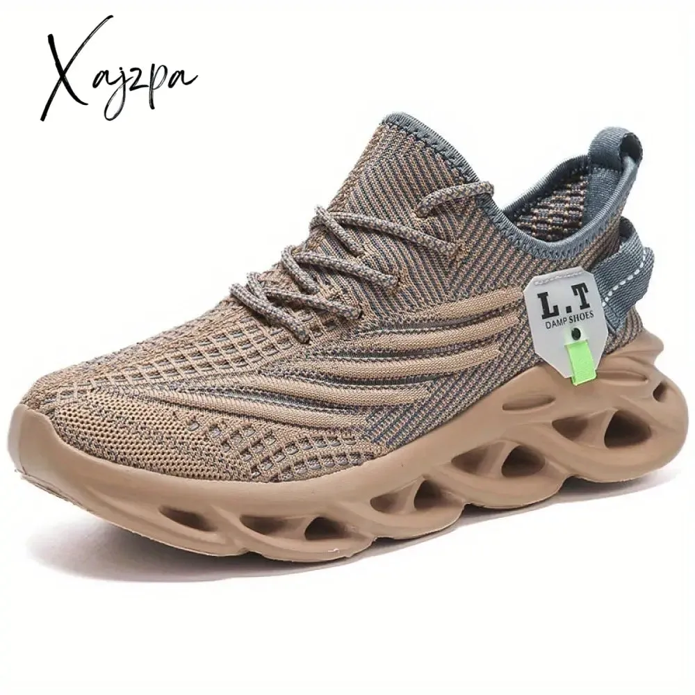 Mens Lightweight Breathable Knit Round Toe Lace Up Running Shoes - Comfortable Fabric Upper, Stripe Pattern, MD Sole, Perfect for Spring, Summer, Fall, and Winter Sports - Casual Sneaker for Everyday Wear