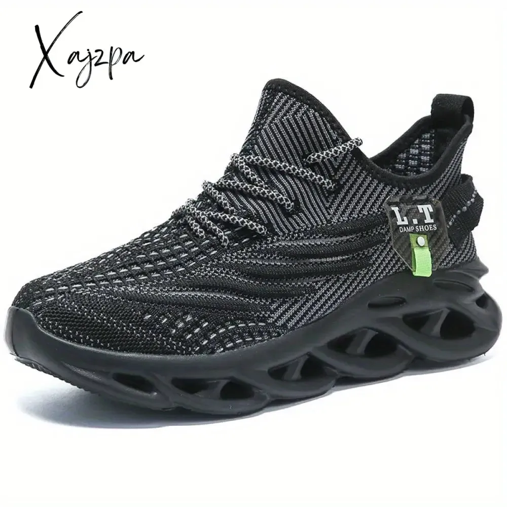 Mens Lightweight Breathable Knit Round Toe Lace Up Running Shoes - Comfortable Fabric Upper, Stripe Pattern, MD Sole, Perfect for Spring, Summer, Fall, and Winter Sports - Casual Sneaker for Everyday Wear