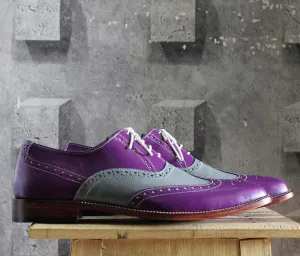 Men's Purple Gray Wing Tip Brogue Leather Shoe