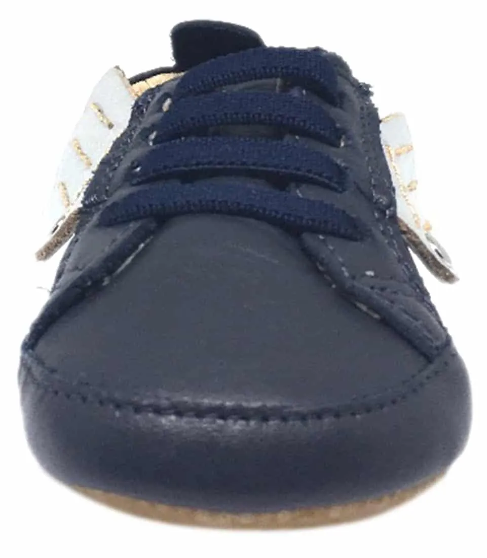 Old Soles Boy's and Girl's Navy & Silver Winged Leather Bambini Wings Elastic Lace Slip On Crib Walker Baby Shoe