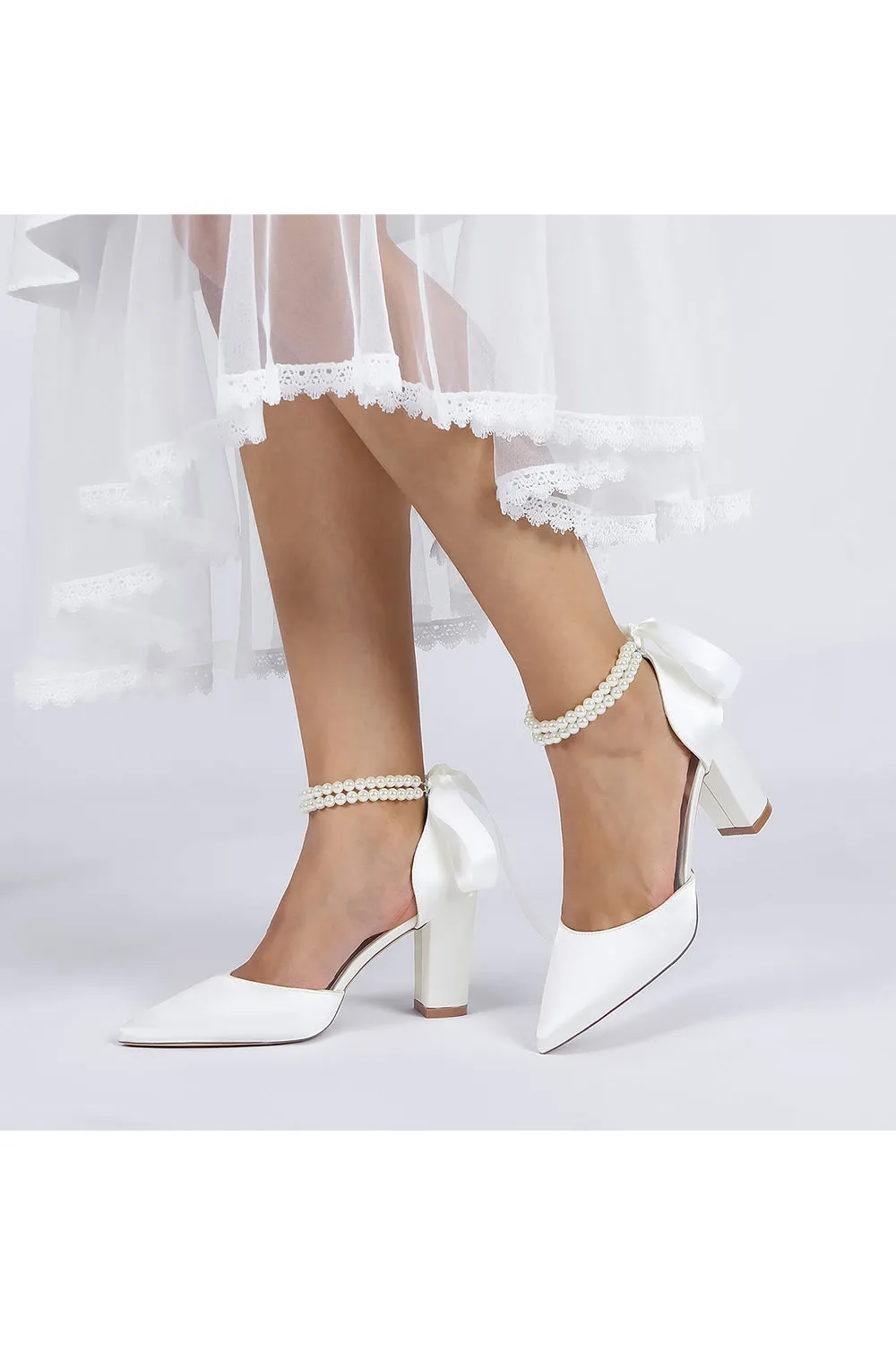 Pointed Toe Pearl Ribbon Ankle Strap Chunky Heel