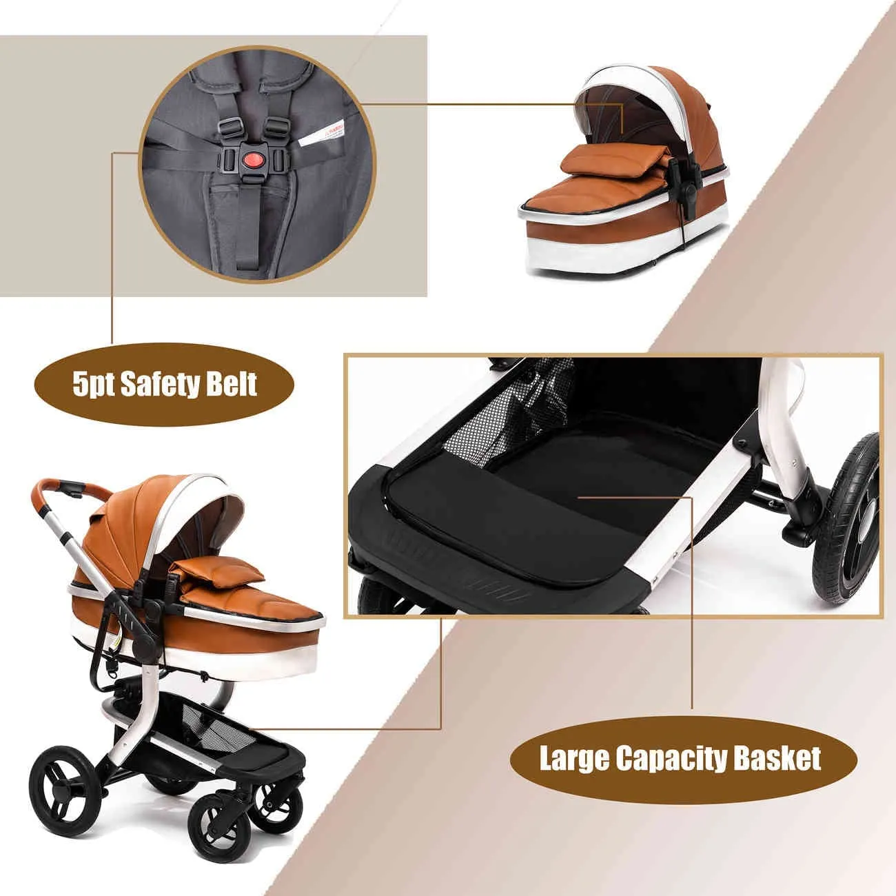 Royal Brown Upgraded Luxury 3-in-1 Baby Stroller