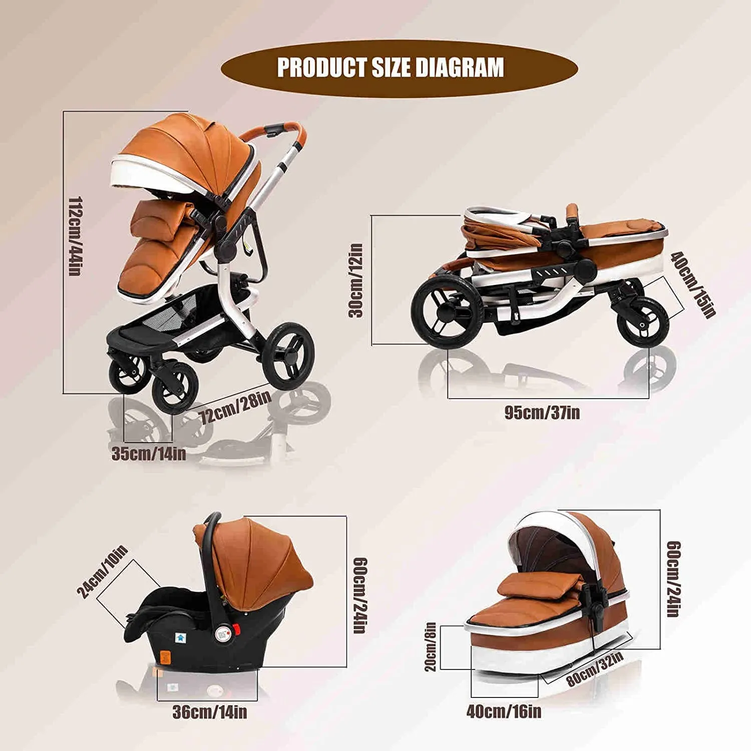 Royal Brown Upgraded Luxury 3-in-1 Baby Stroller