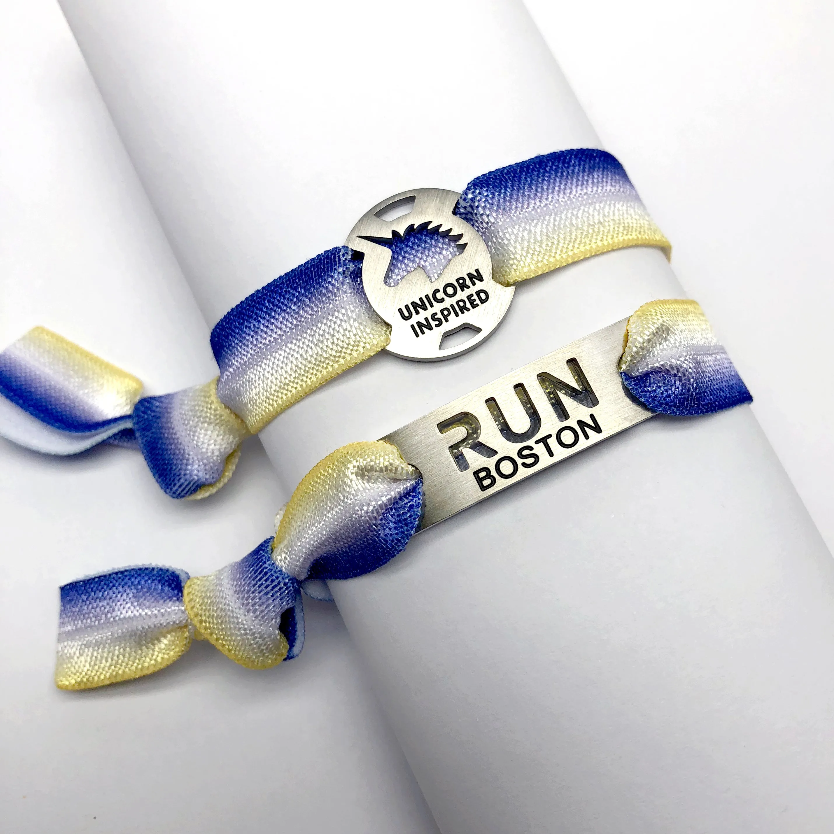 RUN BOSTON - UNICORN INSPIRED - Blue/Yellow Tie Stretchy Running Bracelet