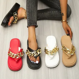 Summer Roman Fashion Metal Chain Decoration Thick Bottom Flip Flops