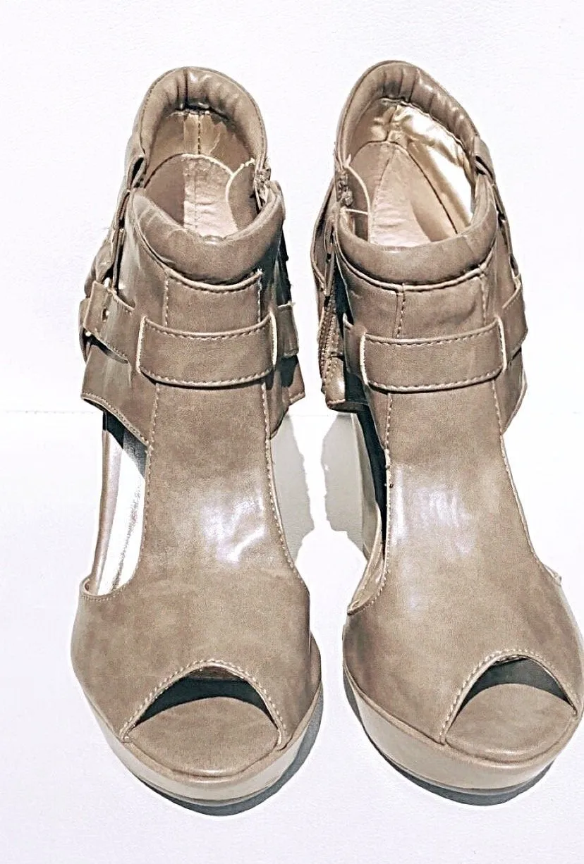 Taupe Wedge Booties Sandals-Seduced