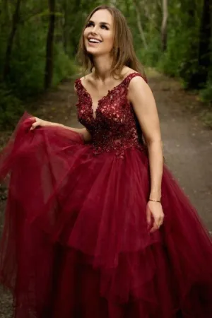 V Neck Fluffy Burgundy Lace Long Prom Dress, Burgundy Formal Dress, Burgundy Evening Gowns