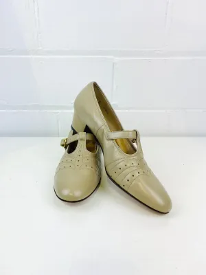 Vintage Deadstock Shoes, Women's 1980s Taupe Leather Cuban Heel T-Strap Pumps, NOS, 8244