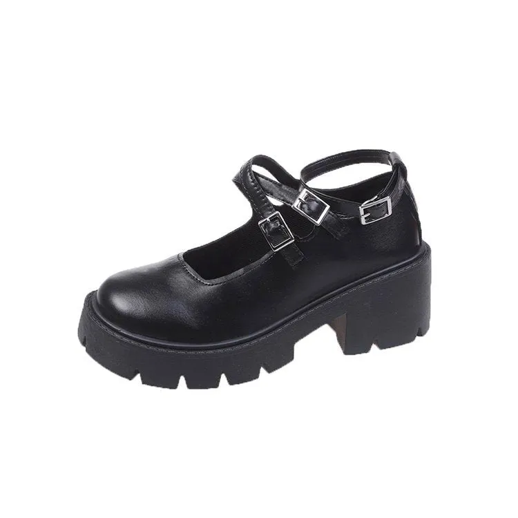 Wenkouban Christmas Thanksgiving Black Friday 2024 Winter Retro Casual High Heel Shallow Mouth Mary Jane Single-Layer Shoes with Buckle Thick Sole Height Increasing Leather Shoes