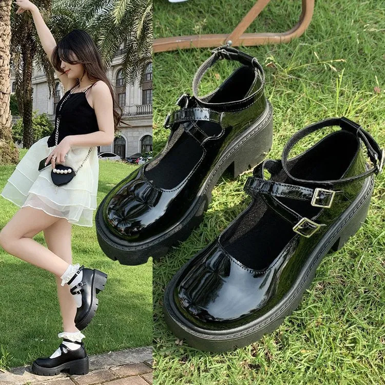 Wenkouban Christmas Thanksgiving Black Friday 2024 Winter Retro Casual High Heel Shallow Mouth Mary Jane Single-Layer Shoes with Buckle Thick Sole Height Increasing Leather Shoes