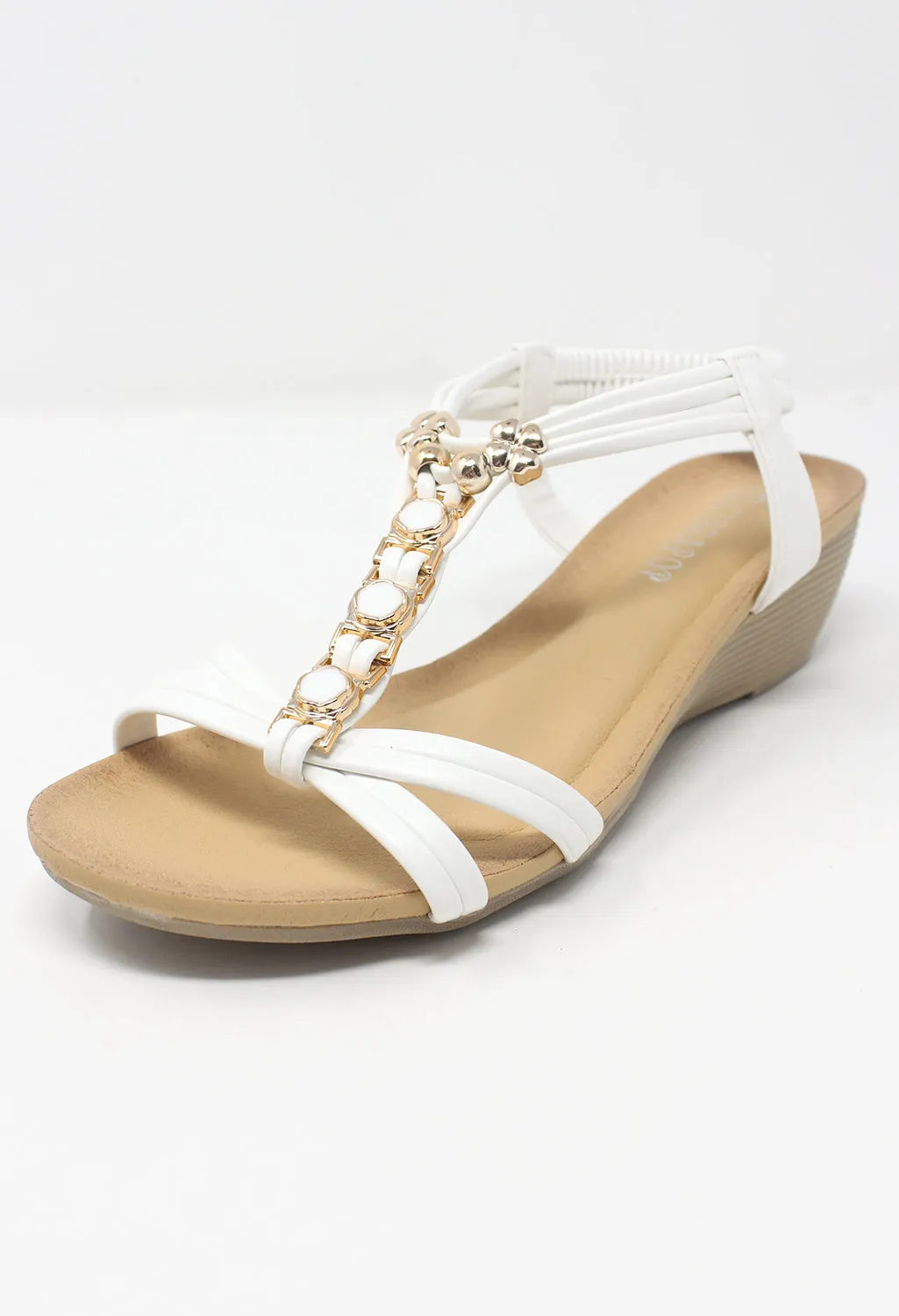 White Mid Wedge T Strap Sandal