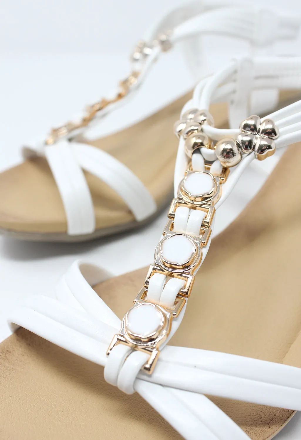 White Mid Wedge T Strap Sandal