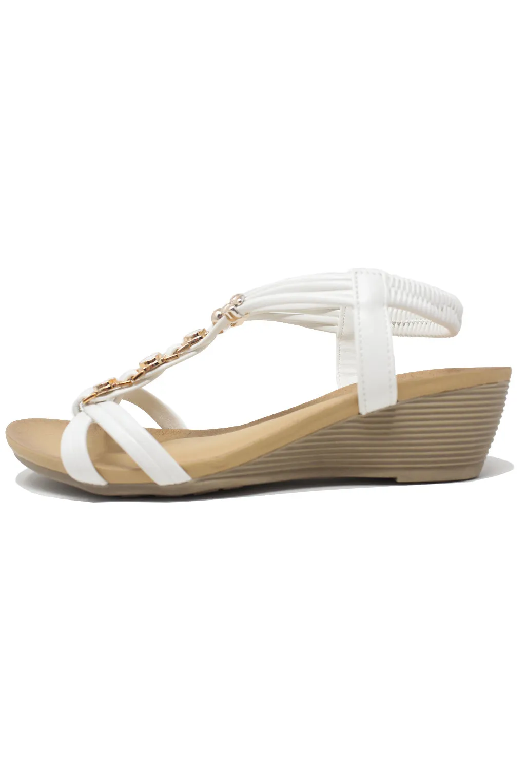 White Mid Wedge T Strap Sandal