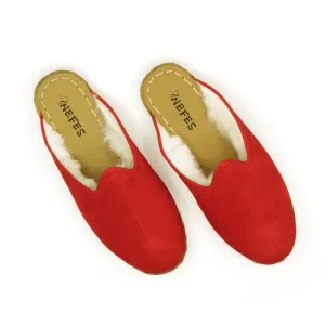 Winter Red Nubuck Sheepskin Slippers with Fur Lining