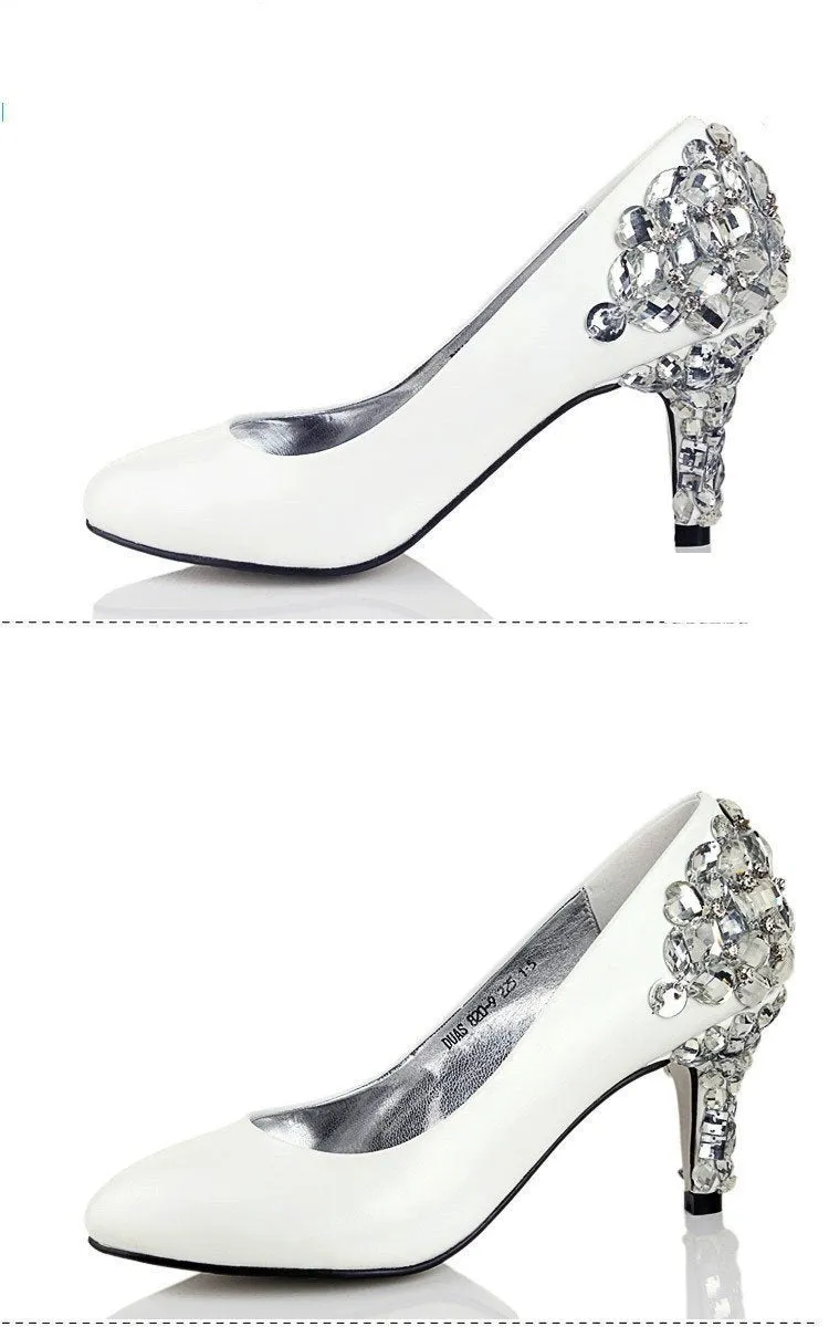 Women's Sparkly Crystal High Heels Pointed Toe White Wedding Bridal Shoes, SY0139